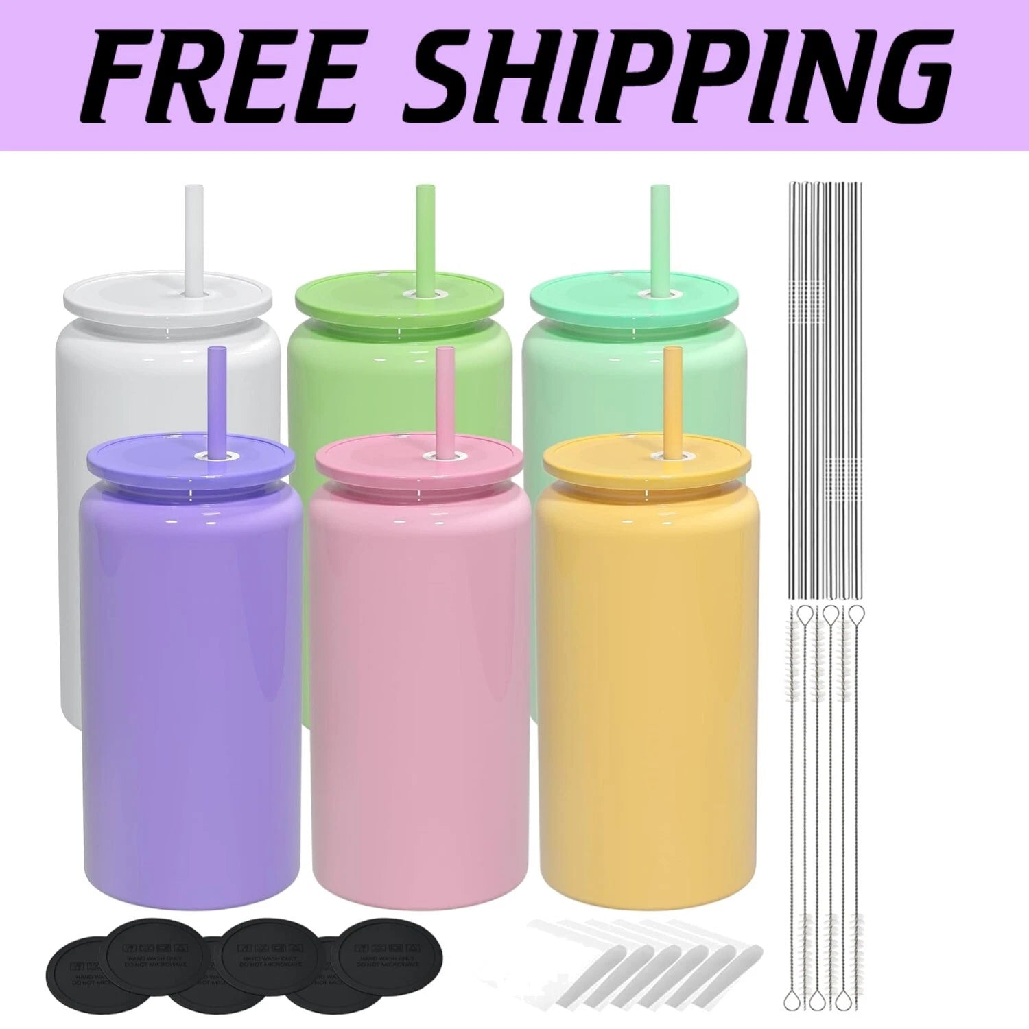 Customizable 6 Pack 16oz Stainless Steel Cups with Lids & Straws - Perfect fo... | eBay