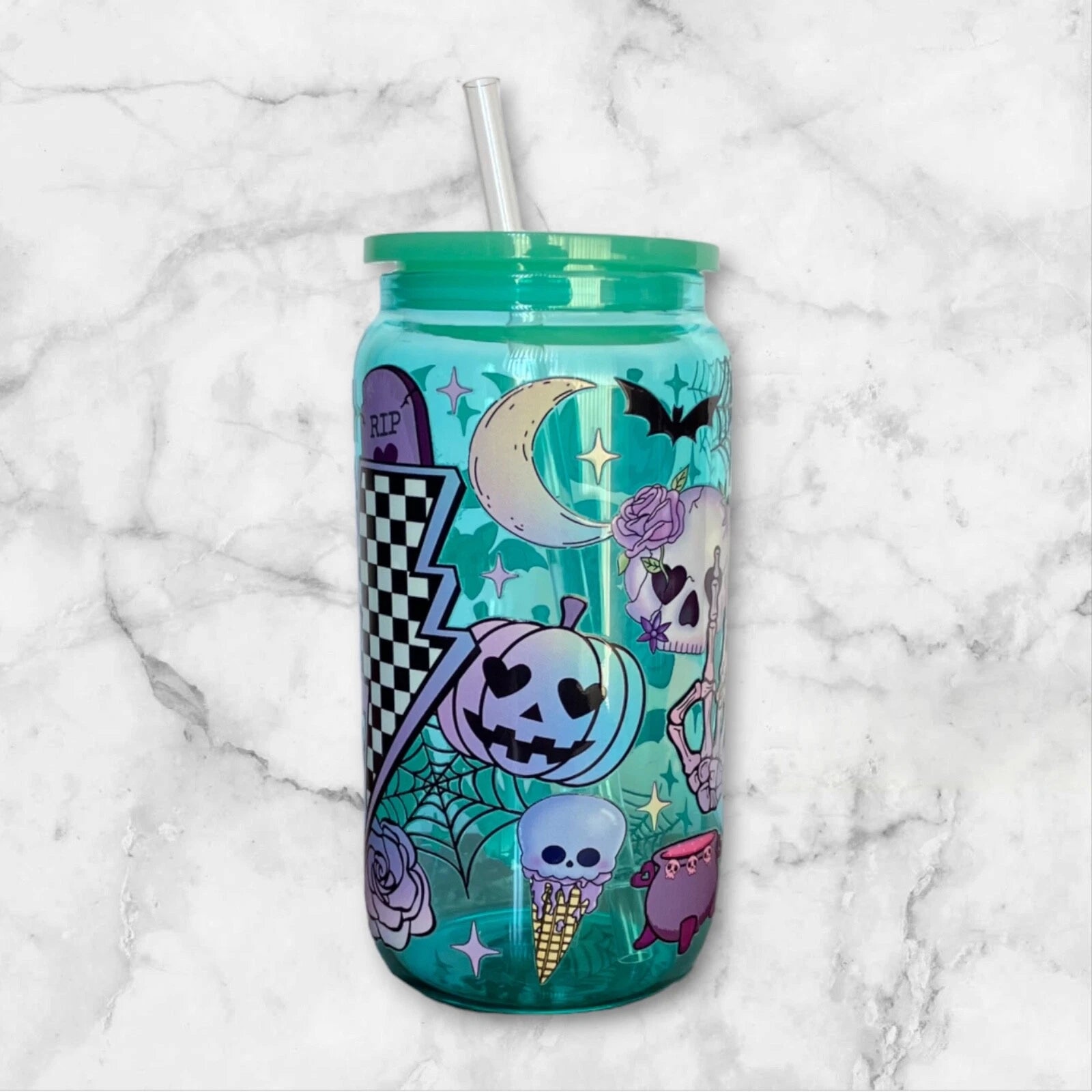 Pastel Halloween 16oz Green Glass Can Iced Coffee Smoothie Beer Cup, Plastic Lid | eBay