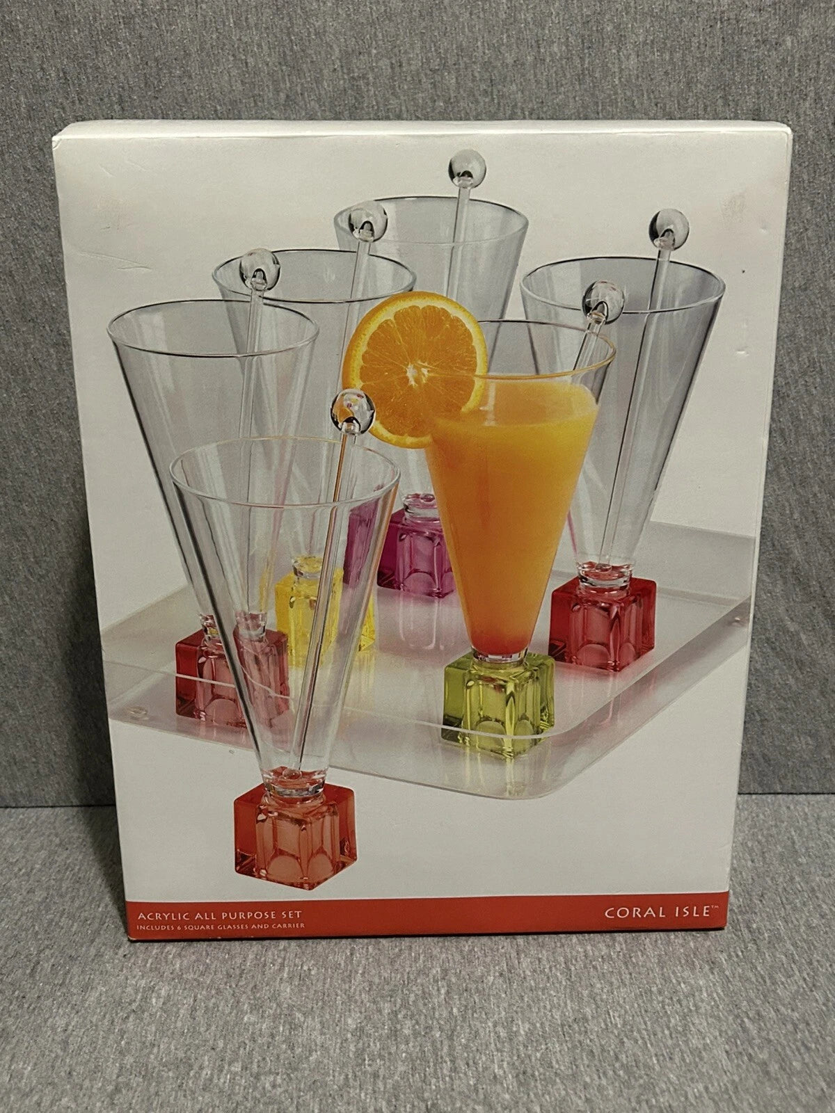 Vintage Coral Isle Set Of 6 Acrylic Glasses With Tray & Swizzle Stix Colorful | eBay