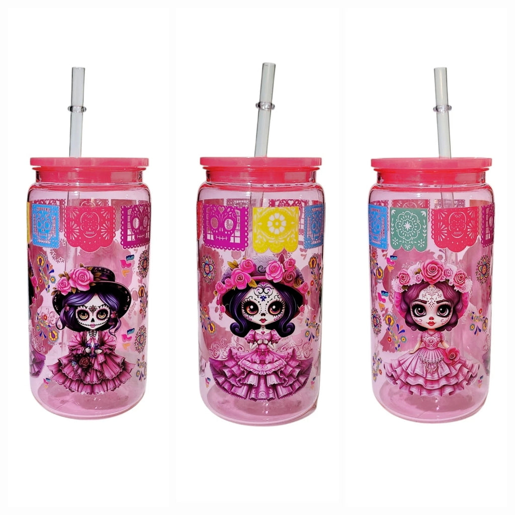 Catrina Sugar Skull Colorful Floral Acrylic Plastic Tumbler Cup 16oz Pink | eBay