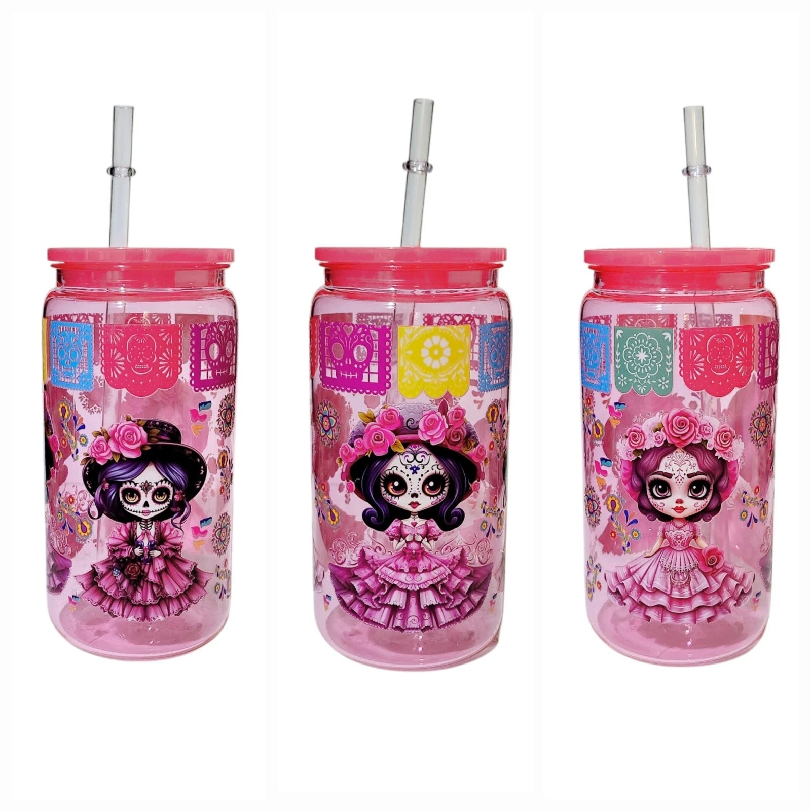 Catrina Sugar Skull Colorful Floral Acrylic Plastic Tumbler Cup 16oz Pink | eBay