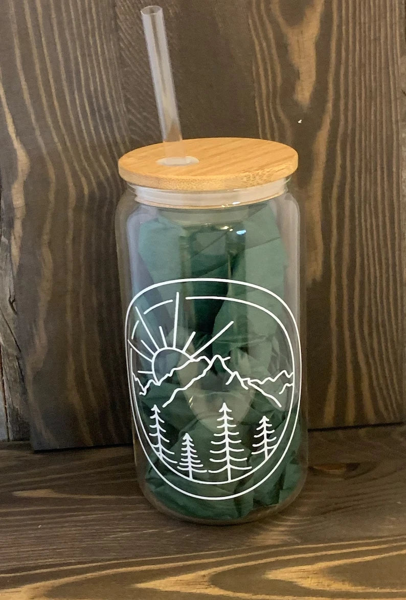 HMD Mountain Scene 16 oz Glass Can Tumbler with Bamboo Lid and Straw. | eBay